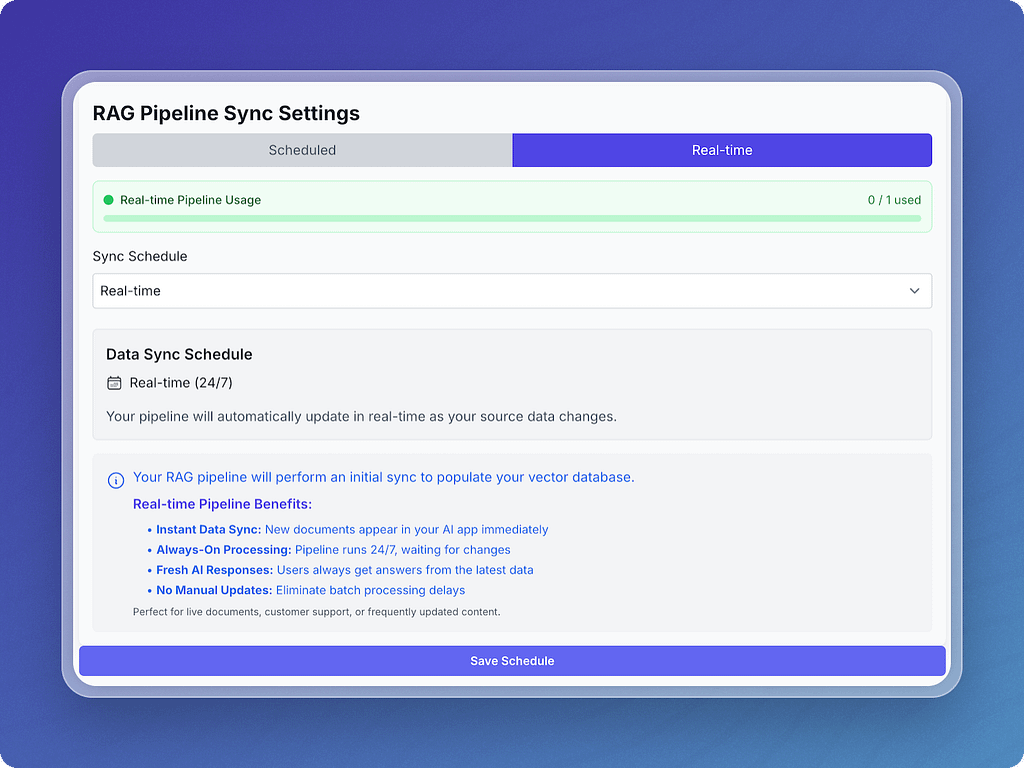 Vectorize RAG pipeline sync settings screen with real-time mode selected, showing data sync schedule and real-time pipeline benefits.
