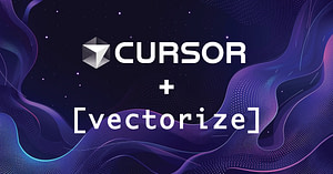 Graphic showing the Cursor logo above the Vectorize logo, with a plus sign between them, on a dark, abstract background with flowing purple and blue lines. Text reads &ldquo;CURSOR + [vectorize]&rdquo;