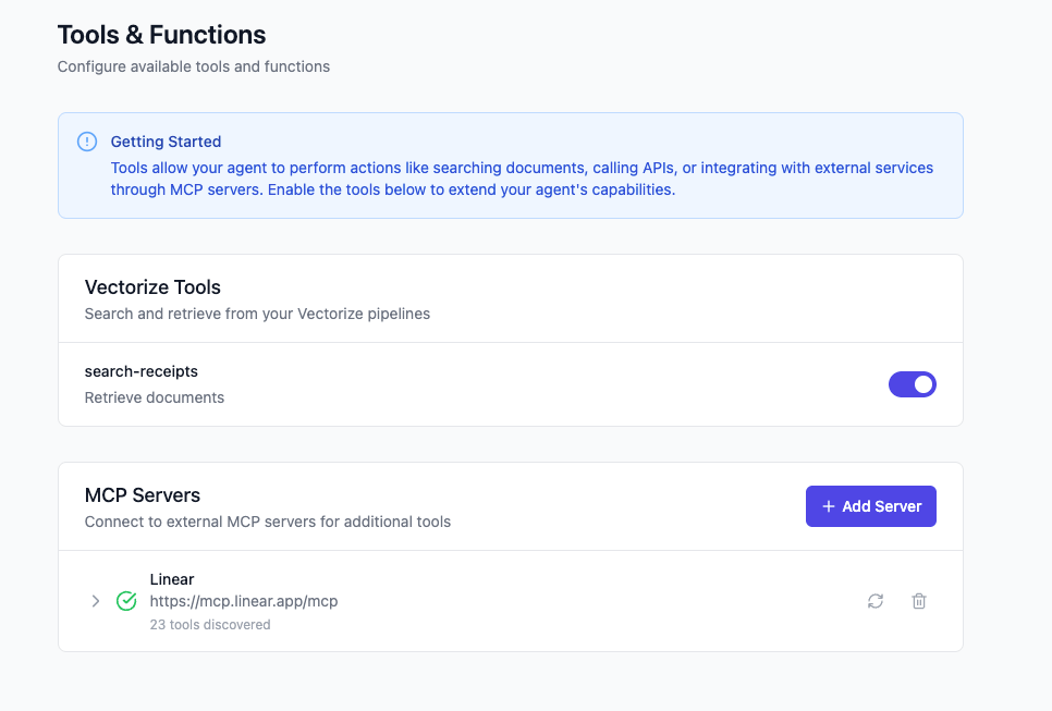 User interface for configuring tools and functions for chat agents, featuring sections for Vectorize tools and MCP servers.