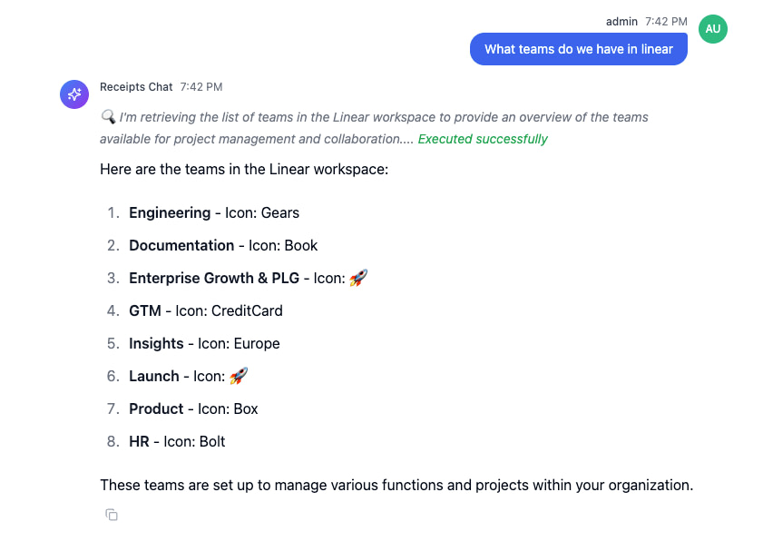 Screenshot of a chat interface displaying a query about teams in the Linear workspace and the returned list of teams with associated icons.