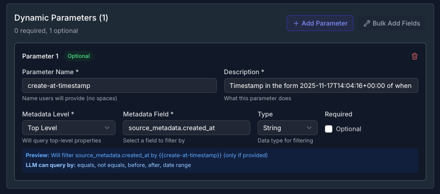 User interface for adding dynamic parameters, featuring fields for parameter name, description, metadata level, and metadata field.