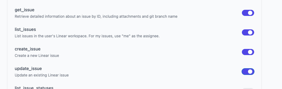 A user interface displaying toggle switches for various Linear issue management functionalities, including options to retrieve, list, create, update, and view issue statuses.