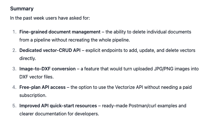 Summary of user requests for features related to Vectorize API, including document management, vector-CRUD API endpoints, image-to-DXF conversion, free access options, and improved API resources.
