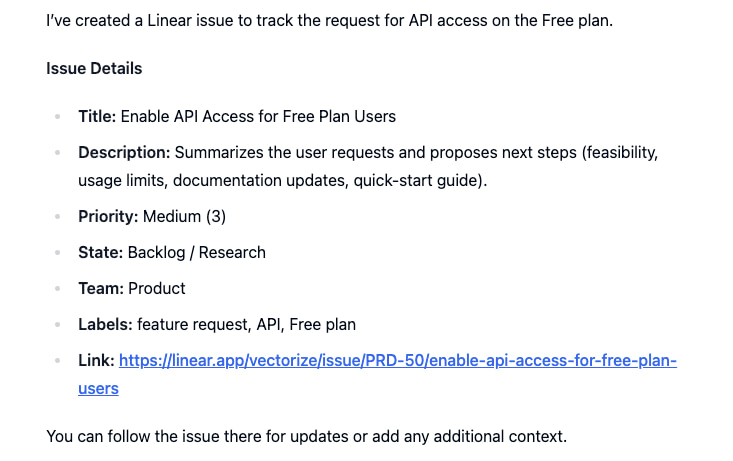Screenshot of a Linear issue detailing a request for API access for free plan users, including title, description, priority, state, team, labels, and a link to the issue.