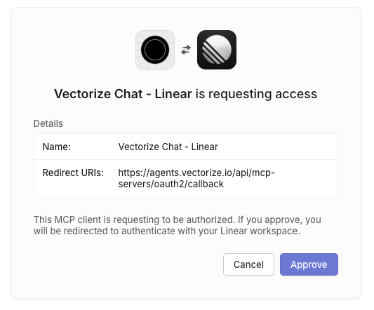 Authorization request window for Vectorize Chat integrating with Linear, displaying details and an approval option.